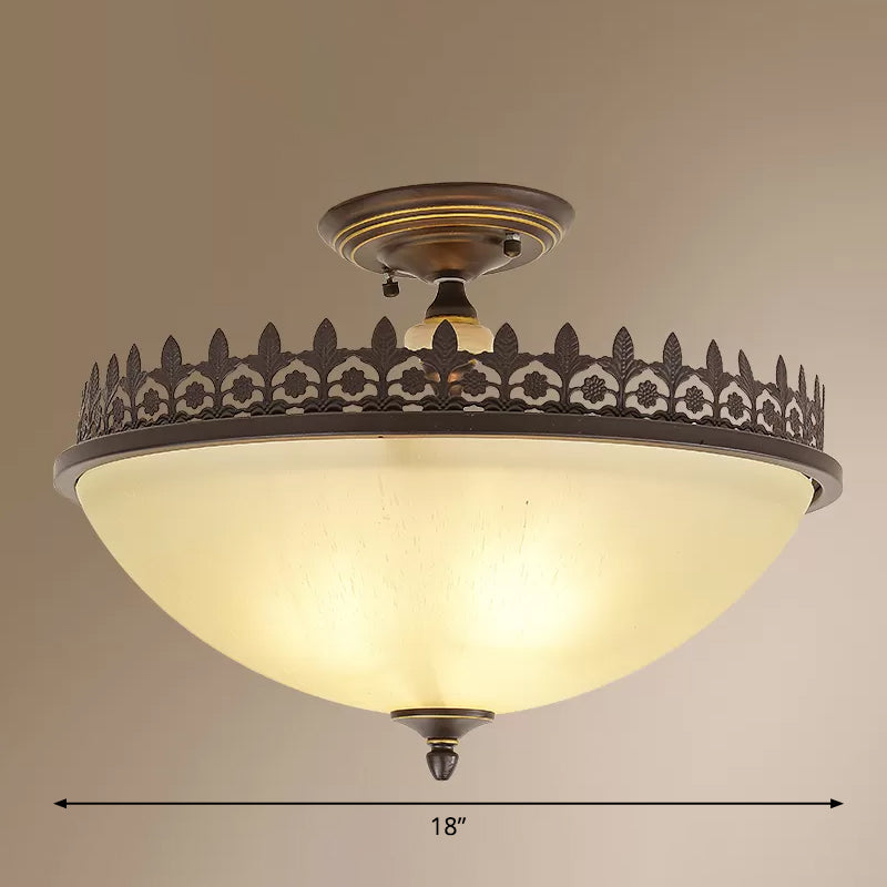 Vintage Brown Filigree Frame Flush Mount Ceiling Light With Frosted Glass Bowl