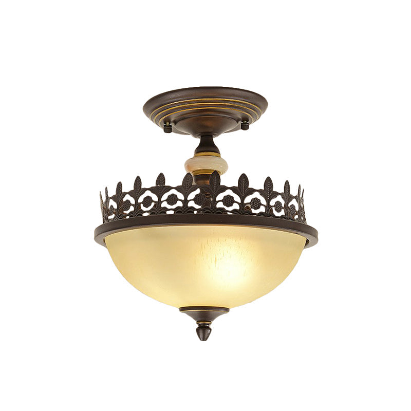 Vintage Brown Filigree Frame Flush Mount Ceiling Light with Frosted Glass Bowl