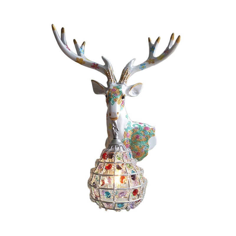 Deer Sconce 1-Light Resin Wall Mount Lighting In Black/Pink/Yellow With Crystal Shade - Bedroom