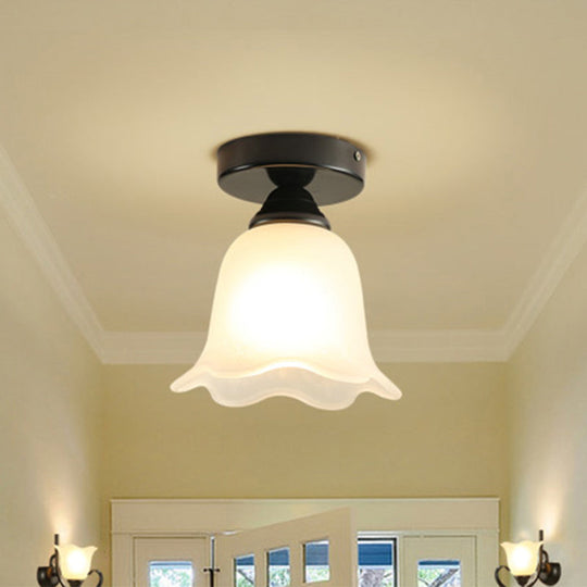 Frosted White Glass Ceiling Lamp with Rustic Black Flower Design - Semi Flush Light for Corridors