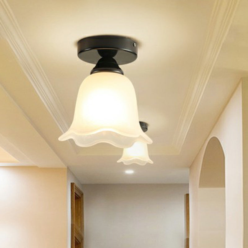 Frosted White Glass Ceiling Lamp with Rustic Black Flower Design - Semi Flush Light for Corridors