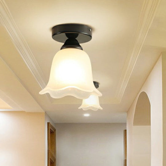 Frosted White Glass Ceiling Lamp With Rustic Black Flower Design - Semi Flush Light For Corridors