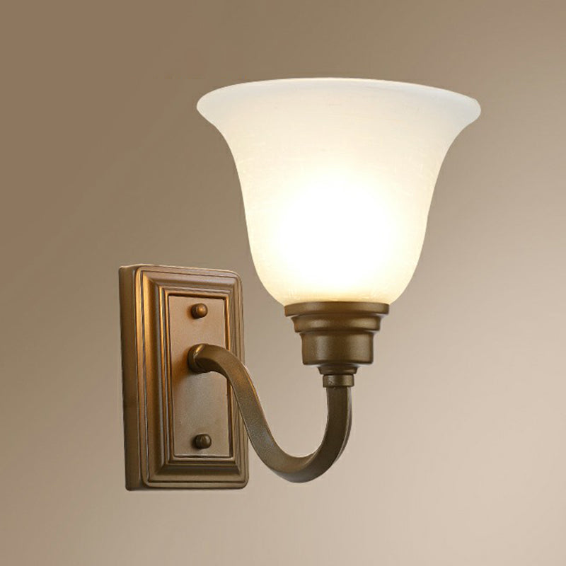 Antique Flared Foyer Wall Lamp - Elegant Milky Glass 1-Bulb Mounted With Curved Arm Brown