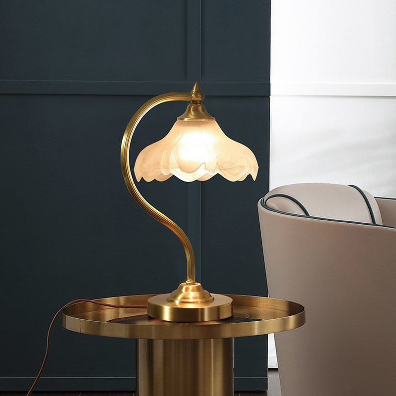 Elegant Brass Gooseneck Nightstand Lamp With Floral Frosted Glass Shade