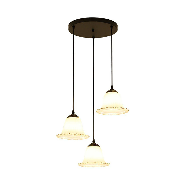 Rustic Cream Glass 3-Bulb Black Pendant Light - Flower-Inspired Dining Room Hanging Fixture