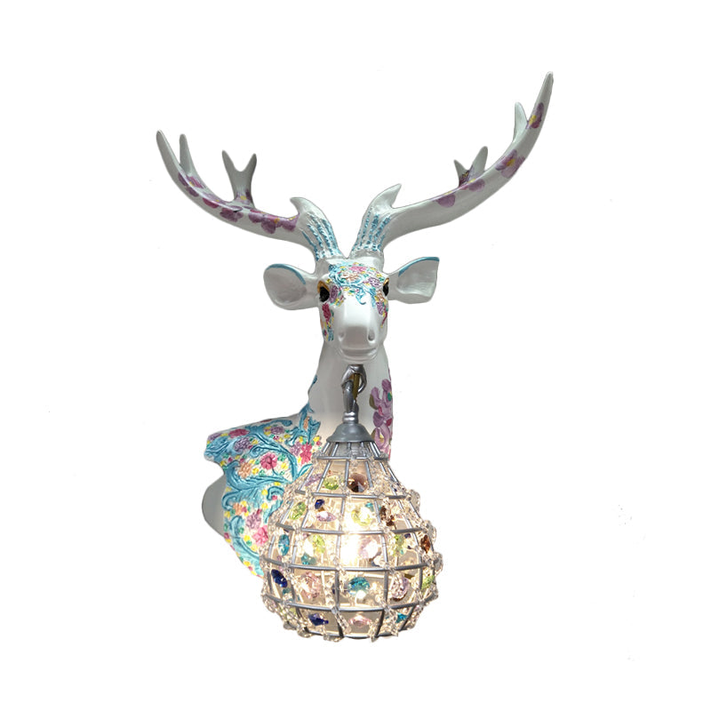 Deer Sconce 1-Light Resin Wall Mount Lighting In Black/Pink/Yellow With Crystal Shade - Bedroom