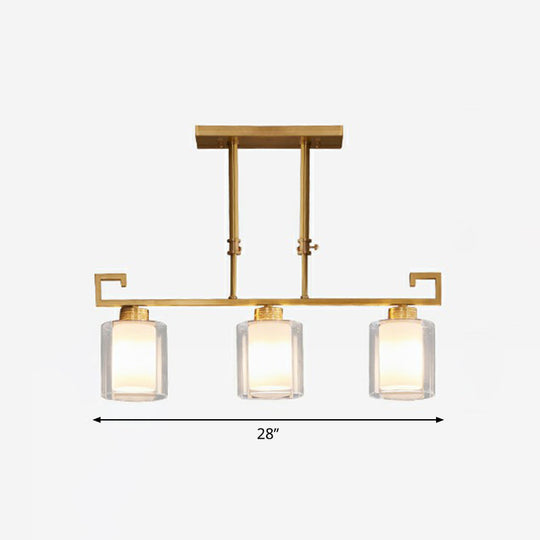 Traditional Brass 3-Light Island Lamp With Clear And Frosted Glass Cylindrical Suspension