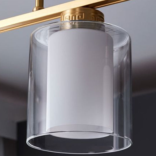 Traditional Brass 3-Light Island Lamp With Clear And Frosted Glass Cylindrical Suspension