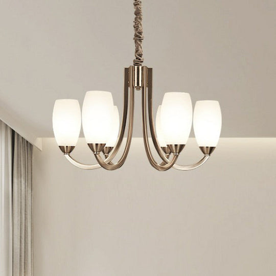 Simplicity Nickel Finish Swoop Arm Chandelier With Oval White Glass Shade: Elegant Metal Pendant