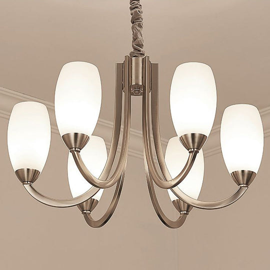 Simplicity Nickel Finish Swoop Arm Chandelier With Oval White Glass Shade: Elegant Metal Pendant