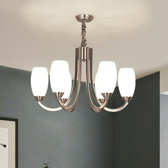 Simplicity Nickel Finish Swoop Arm Chandelier With Oval White Glass Shade: Elegant Metal Pendant