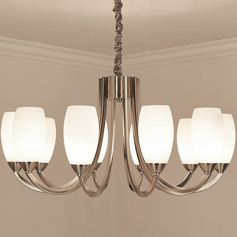 Simplicity Nickel Finish Swoop Arm Chandelier With Oval White Glass Shade: Elegant Metal Pendant