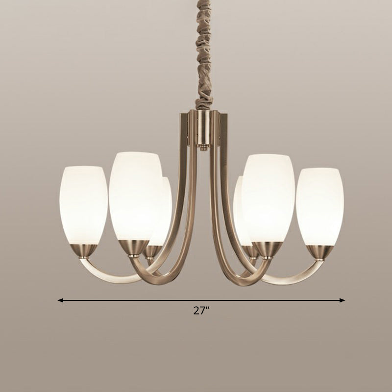 Simplicity Nickel Finish Swoop Arm Chandelier With Oval White Glass Shade: Elegant Metal Pendant