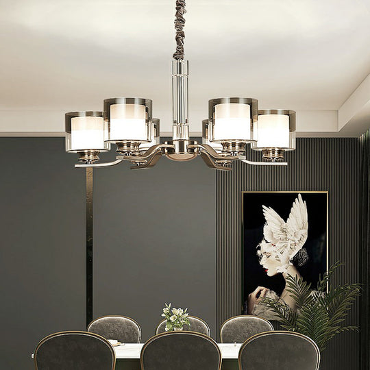 Modern Chrome Restaurant Chandelier With Cylindrical Frosted And Smoke Grey Glass