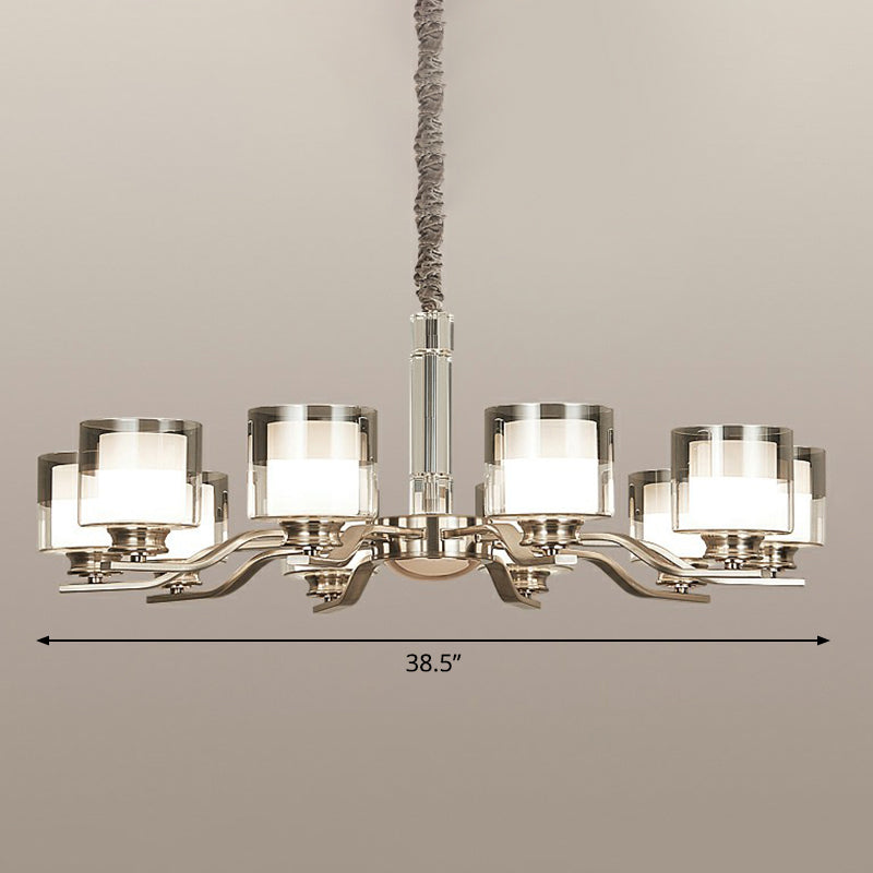 Modern Chrome Restaurant Chandelier With Cylindrical Frosted And Smoke Grey Glass