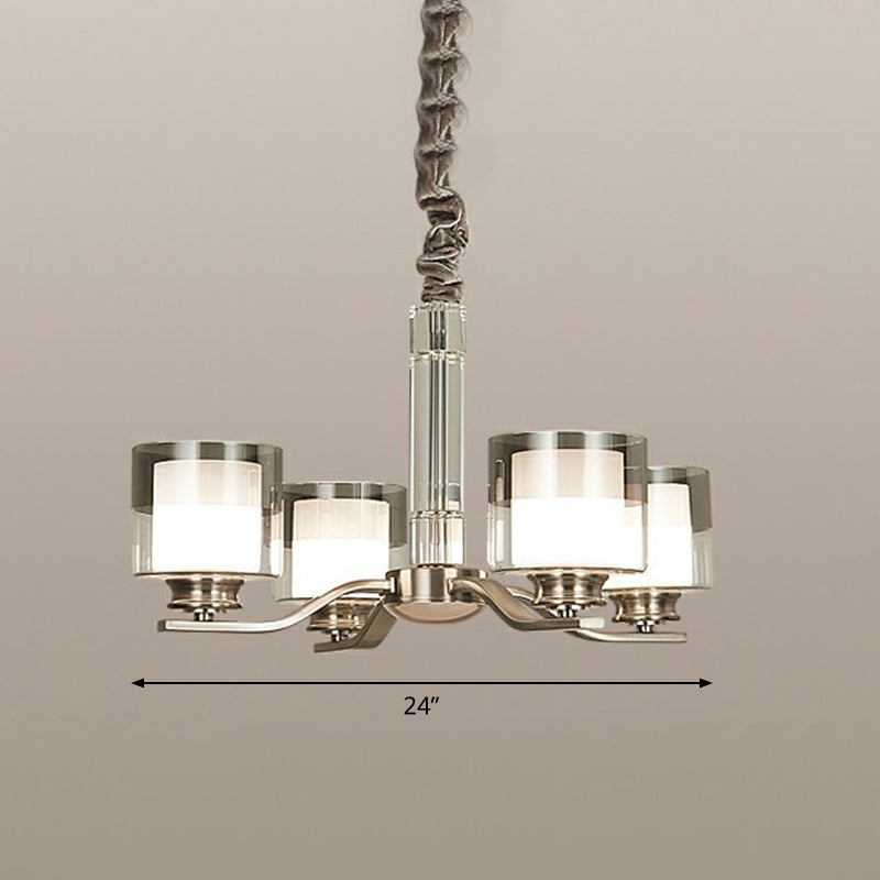 Modern Chrome Restaurant Chandelier With Cylindrical Frosted And Smoke Grey Glass