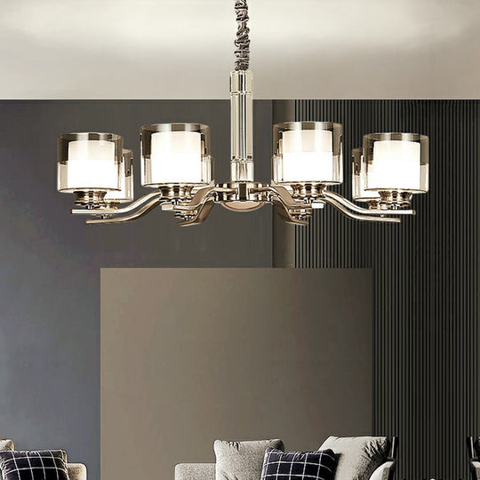 Modern Chrome Restaurant Chandelier With Cylindrical Frosted And Smoke Grey Glass