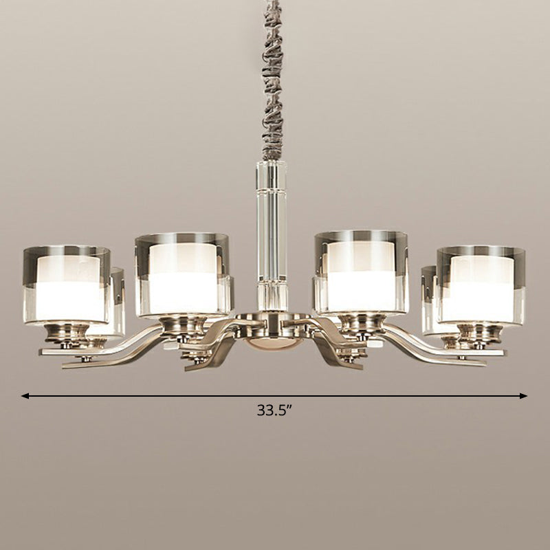 Modern Chrome Restaurant Chandelier With Cylindrical Frosted And Smoke Grey Glass