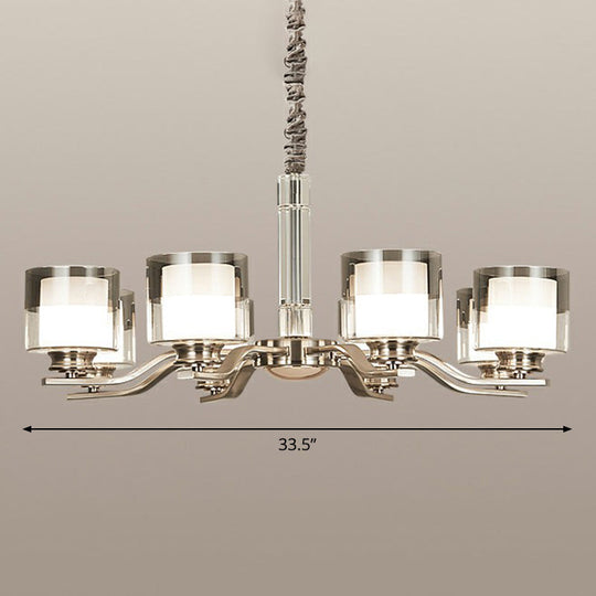 Modern Chrome Restaurant Chandelier With Cylindrical Frosted And Smoke Grey Glass