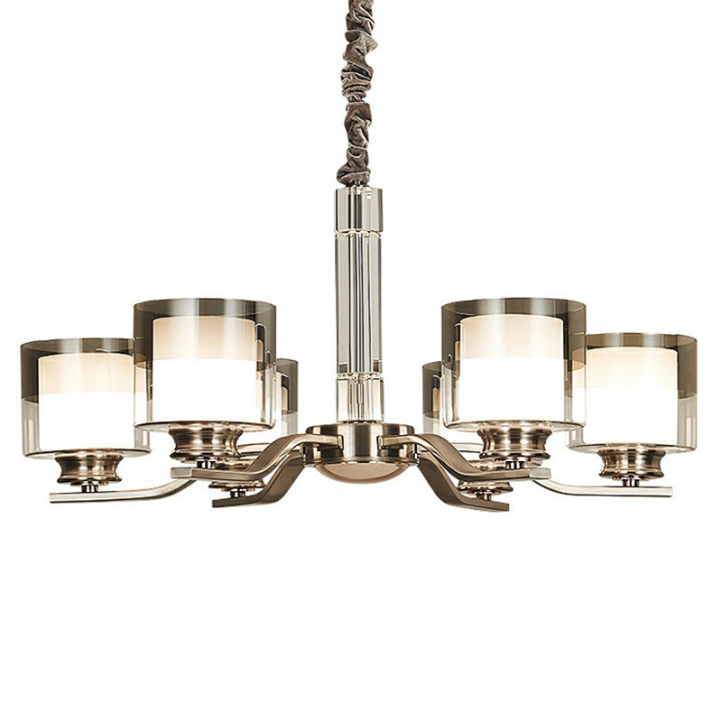 Modern Chrome Restaurant Chandelier With Cylindrical Frosted And Smoke Grey Glass