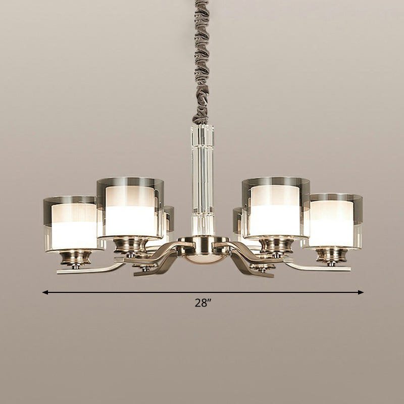 Modern Chrome Restaurant Chandelier With Cylindrical Frosted And Smoke Grey Glass