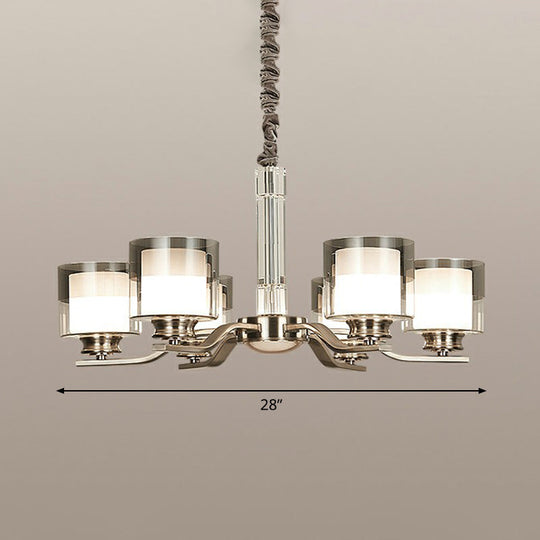 Modern Chrome Restaurant Chandelier With Cylindrical Frosted And Smoke Grey Glass