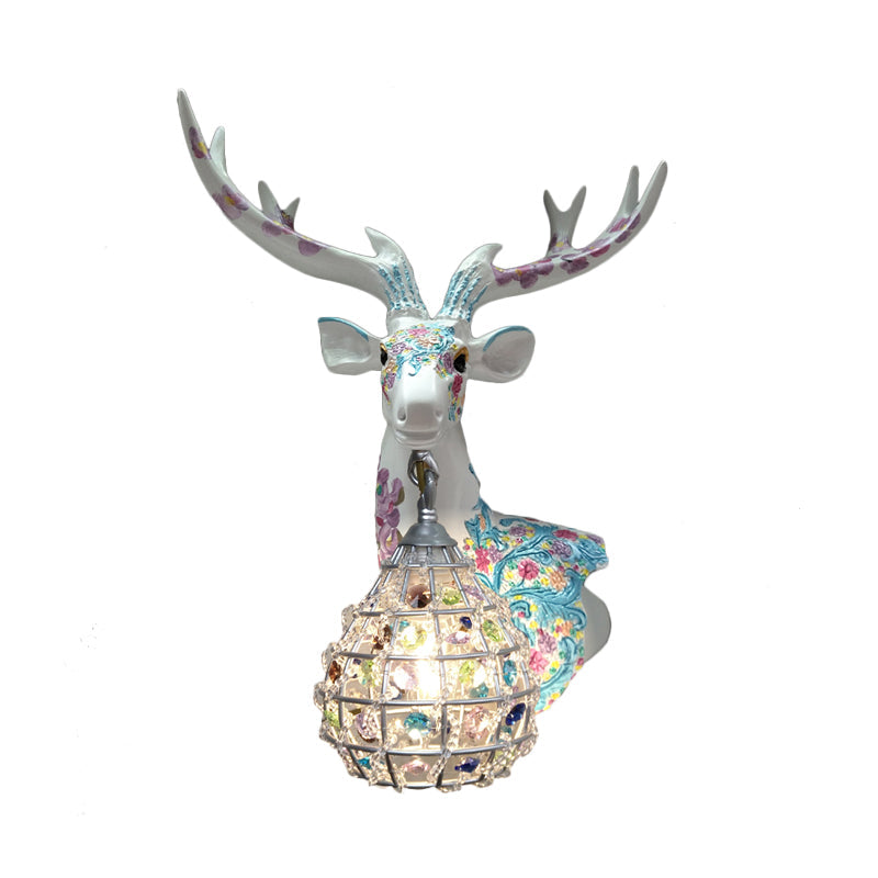 Deer Sconce 1-Light Resin Wall Mount Lighting In Black/Pink/Yellow With Crystal Shade - Bedroom