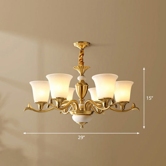 Traditional Style Cream Glass Chandelier: Flared Shaped Brass Suspension Light For Dining Room 6 /