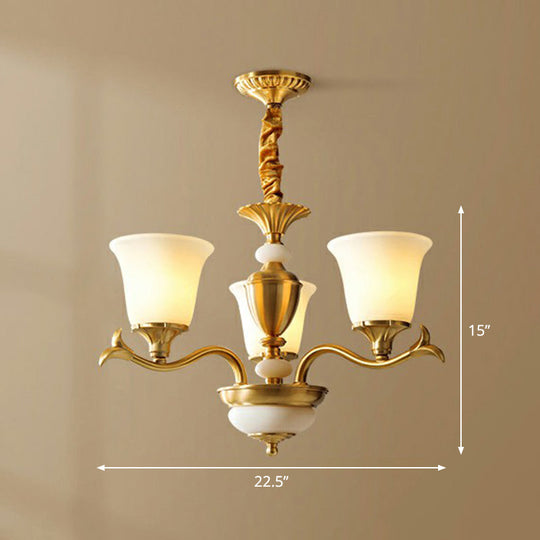 Traditional Style Cream Glass Chandelier: Flared Shaped Brass Suspension Light For Dining Room 3 /