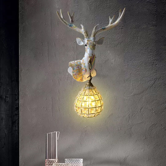 Crystal Globe Sconce Lamp With Deer Deco - Silver/White/Gold Right/Left