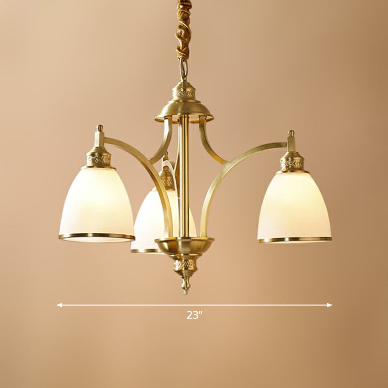 Colonial Style Brass Bell Chandelier Lamp With Cream Glass - Living Room Hanging Light Kit 3 /