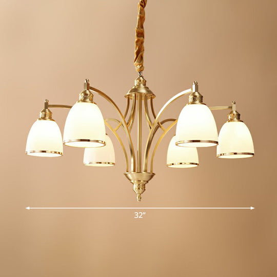 Colonial Style Brass Bell Chandelier Lamp With Cream Glass - Living Room Hanging Light Kit