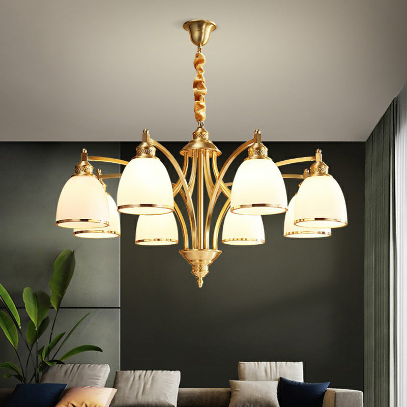 Colonial Style Brass Bell Chandelier Lamp With Cream Glass - Living Room Hanging Light Kit