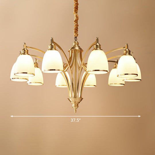 Colonial Style Brass Bell Chandelier Lamp With Cream Glass - Living Room Hanging Light Kit