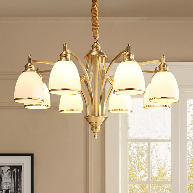 Colonial Style Brass Bell Chandelier Lamp With Cream Glass - Living Room Hanging Light Kit