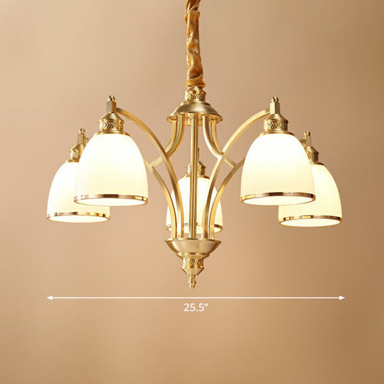 Colonial Style Brass Bell Chandelier Lamp With Cream Glass - Living Room Hanging Light Kit