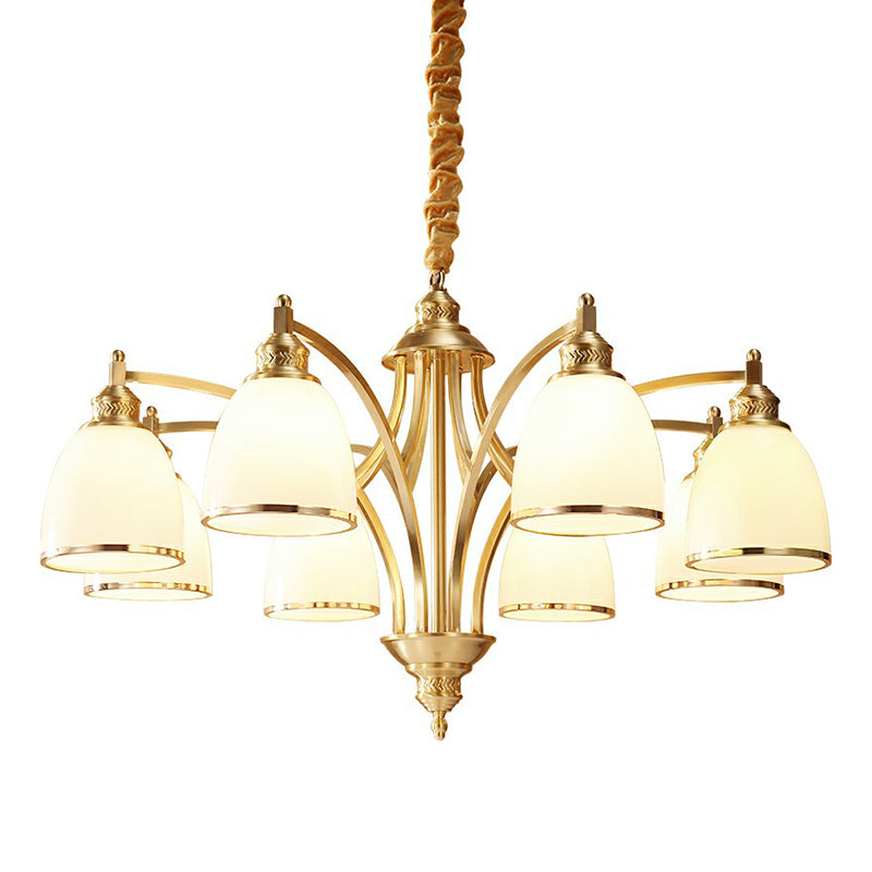 Colonial Style Brass Bell Chandelier Lamp With Cream Glass - Living Room Hanging Light Kit