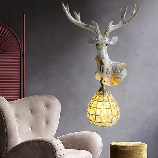 Crystal Globe Sconce Lamp With Deer Deco - Silver/White/Gold Right/Left White / Right