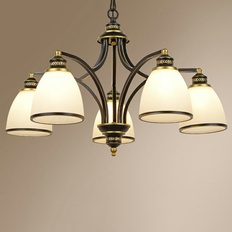 Traditional Dining Room Chandelier - Suspension Pendant Light With White Bell Glass Shade 5 / Black