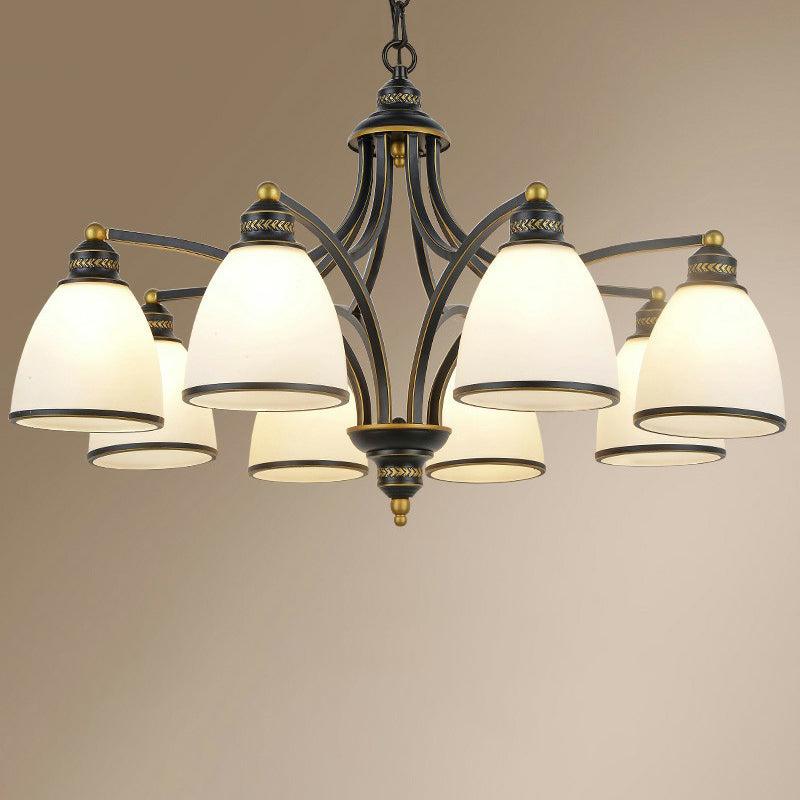 Traditional Dining Room Chandelier - Suspension Pendant Light With White Bell Glass Shade 8 / Black