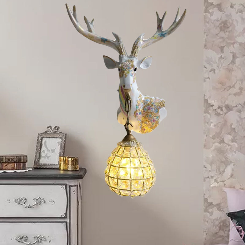 Crystal Globe Sconce Lamp With Deer Deco - Silver/White/Gold Right/Left