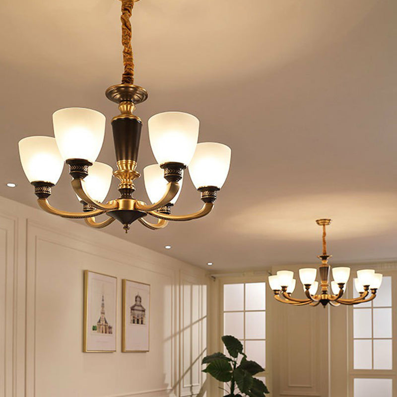 Traditional Frosted Glass Bell Chandelier - Black-Bronze Hanging Ceiling Light For Living Room