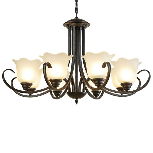 Retro Opal Frosted Glass Flower Chandelier In Black Finish: Elegant Hanging Light For Living Room