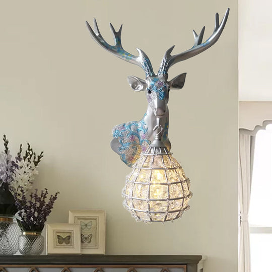 Crystal Globe Sconce Lamp With Deer Deco - Silver/White/Gold Right/Left Silver / Left