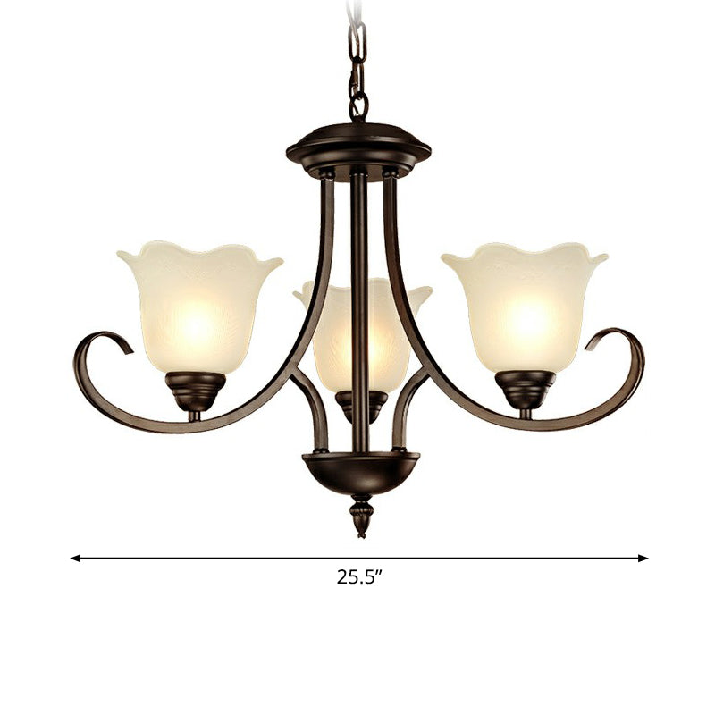 Retro Opal Frosted Glass Flower Chandelier In Black Finish: Elegant Hanging Light For Living Room