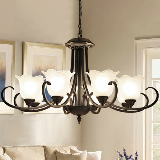 Retro Opal Frosted Glass Flower Chandelier In Black Finish: Elegant Hanging Light For Living Room