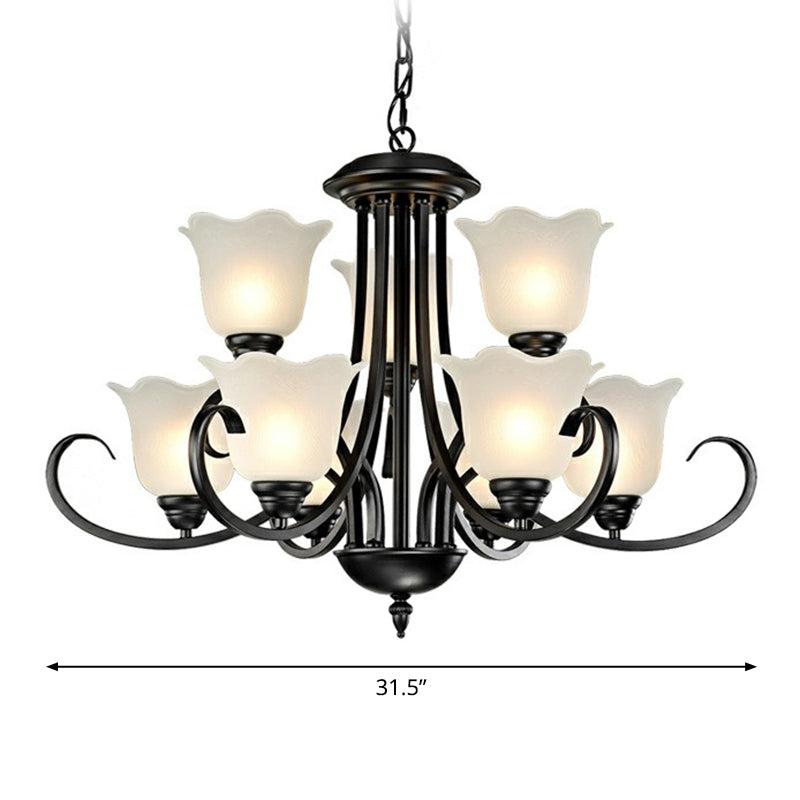 Retro Opal Frosted Glass Flower Chandelier In Black Finish: Elegant Hanging Light For Living Room