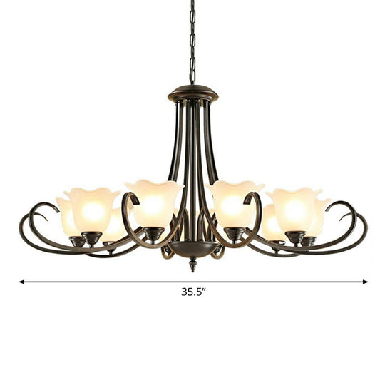 Retro Opal Frosted Glass Flower Chandelier In Black Finish: Elegant Hanging Light For Living Room