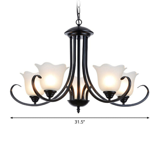 Retro Opal Frosted Glass Flower Chandelier In Black Finish: Elegant Hanging Light For Living Room