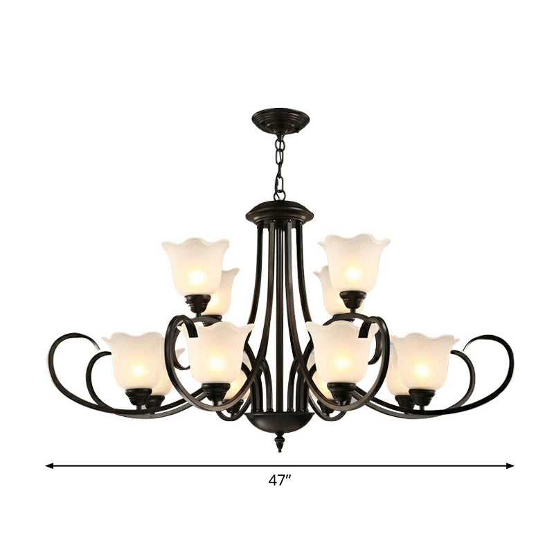 Retro Opal Frosted Glass Flower Chandelier In Black Finish: Elegant Hanging Light For Living Room